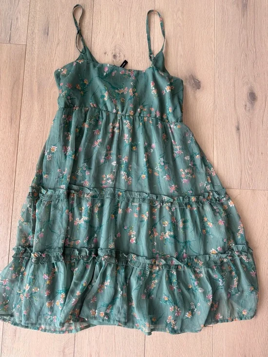 Vero Moda Green Floral Tiered Mini Dress Cottagecore Ruffle Boho Size L Flowy - Picture 4 of 4